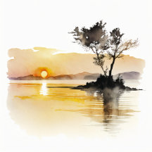 Sunset at Lake Minimalist Watercolor