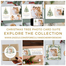 Gold Script Watercolor Christmas Tree Photo Cards
