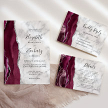 Modern Burgundy Silver Agate Marble Wedding Suite