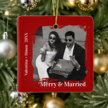Modern Merry and Married Photo Christmas Ornaments