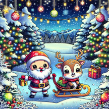 Cartoon Santa and Reindeer Kawaii Christmas