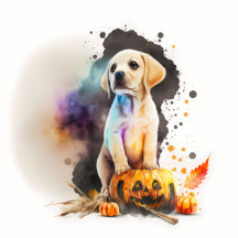 Halloween Watercolor Puppy and Pumpkin