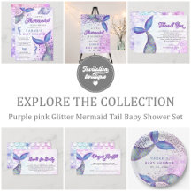 Purple pink Glitter Mermaid Tail Baby Shower Set
