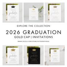 2026 Graduation Gold Cap Invites & Supplies