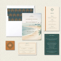 Vintage Coastal Sunset Orange Teal Retro Wedding