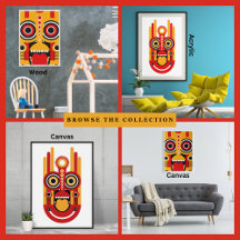 Yellow Tongue Out Tribal Mask Wall Art 