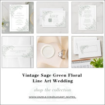 Vintage Sage Green Floral Line Art Wedding