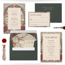 Vintage Art Nouveau Floral Burgundy Wedding Suite
