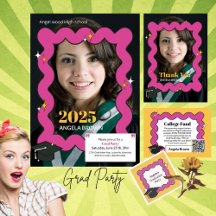 Pink retro squiggle graduation party collection