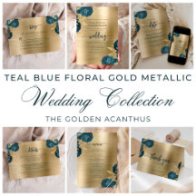 Teal Blue Floral Gold Brushed Metal Wedding Suite