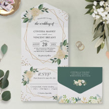 Modern Gold Frame Ivory Green Floral Invite Suite