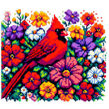 Red Cardinal and Colorful Flowers Pixel Art
