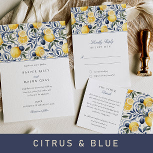 Elegante Citrus en Blauwe Botanische Bruiloft Kaart