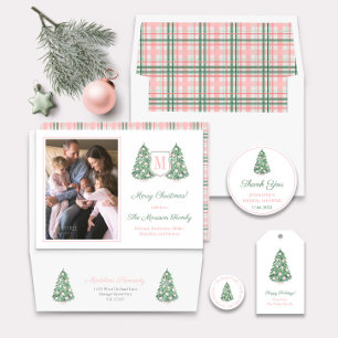 Preppy Roze Groen Monogram Vrolijke Kerstfoto Feestdagenkaart