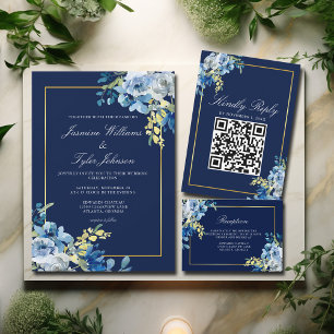Navy Blue Gold Floral Elegant Evening Wedding Kaart