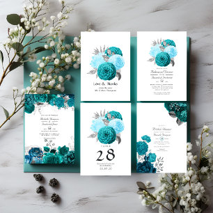 Blauwgroen - Turquoise en Silver Floral Wedding Bedankkaart