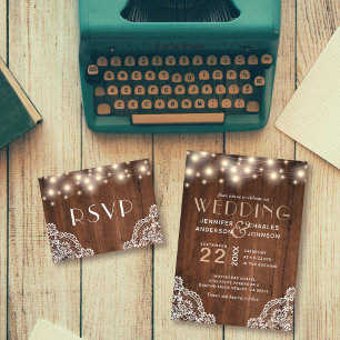 Rustic Wood String Lights Wedding Kaart