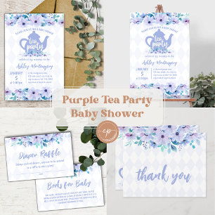 Tea Party Paarse Waterverf Baby shower Magnetische Uitnodiging