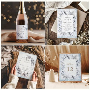 Winter Blauw Elegante Waterverf Bloemen Huwelijk All In One Uitnodiging