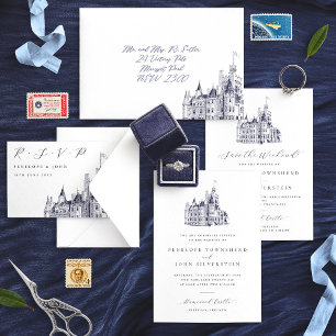Elegante Script Kasteel Illustratie Bruiloft RSVP Kaartje