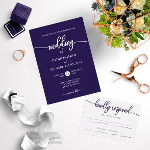 Elegante Navy Blauwe Calligrafie Bruiloft Kaart