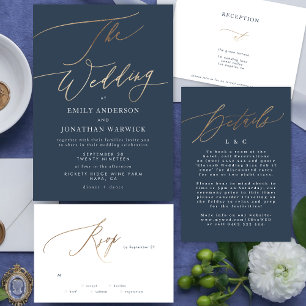 Navy Blue Elegant Gold The Wedding Folie Uitnodiging