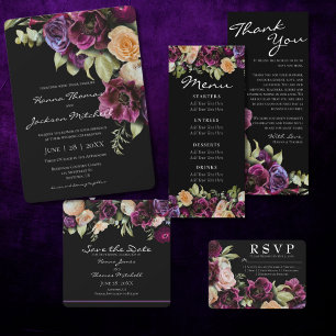 Black Dark Moody Elegant Floral Wedding Invitation Kaart