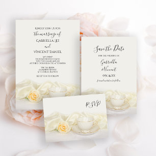 Tea Cup White Rose Weddenschap Save the Date