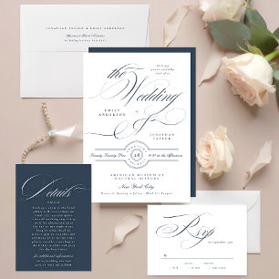 Marineblauwe Elegante Calligrafie Zwart Tie Trouwe RSVP Kaartje