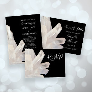 White Crystals on Black Wedding RSVP Reply Kaart