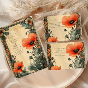 Floral Art Nouveau Poppy Wedding Bedankkaart