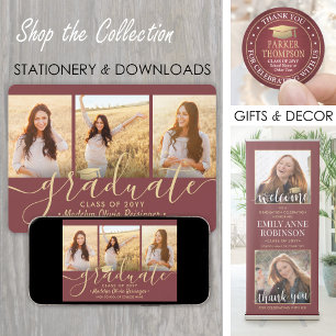4 Foto Afstuderen Collage Script Burgundy & Gold Aankondiging