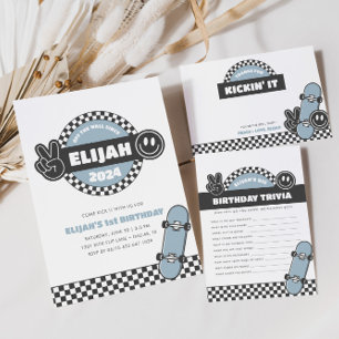 Jongens geruit skateboard Groovy Road Verjaardag Bedankkaart