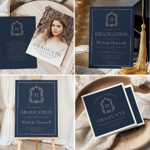 Monogram Crest Navy Blauwe Roze Afstudeerfeest Servet