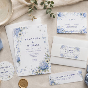 Blauw Porselein Bloem Klassieke Bruiloft Kaart