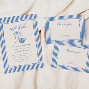Blauw gestreepte vintage baby shower bedankkaart