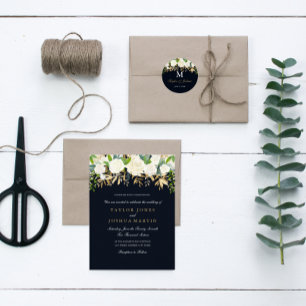 Navy Gold Floral Waterverf bruiloft uitnodiging