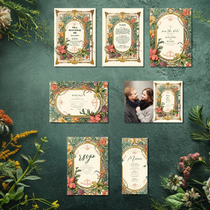  Bloemen Art Nouveau Bruiloft RSVP Kaartje
