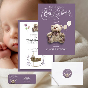 Cute Babybeer met Ballonnen Paars Wit  Ronde Sticker