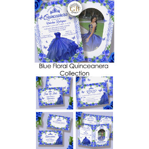 Royal Blue Glitter Bloemen Quinceanera RSVP Kaartje