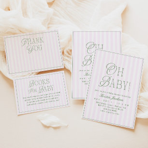 Preppy Roze & Groene Meisje Streep Baby Shower Bedankkaart