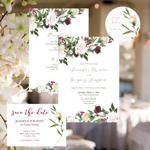 Save The Date Watercolor White Roses Cranberry Kaart