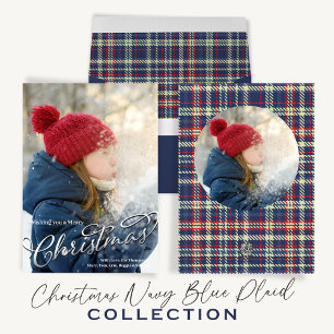 Vrolijk Kerstmis Kalligrafie Navy Blauw Rood Plaid Feestdagenkaart
