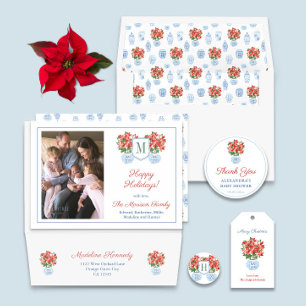 Rode Poinsettia Chinoiserie Fotocollage Kerstmis Feestdagenkaart