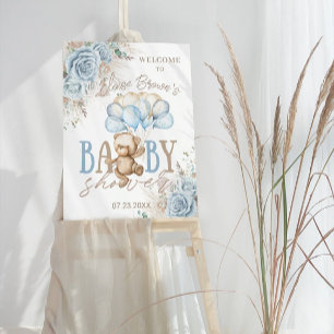 Boho Blue Floral Pampas Teddy Bear Boy Baby shower Kaart