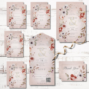 Romantisch Roos Roze Floral QR-code All In One Uitnodiging