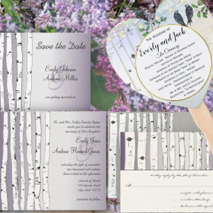 Silver Cloud Birch  Birds Wedding Invite Kaart