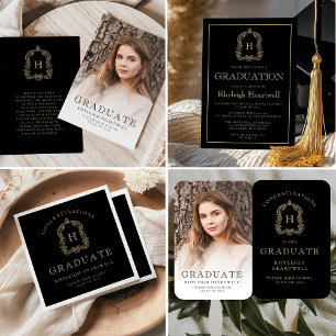 Monogram Crest Zwart Goud Afstudeerfeest Servet