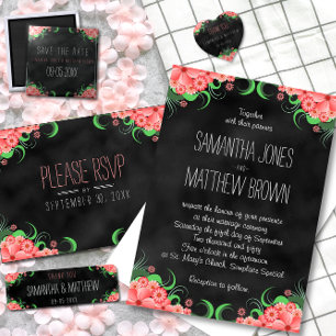 Black Chalkboard Pink Floral Wedding Kaart