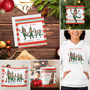 Funny Elf Family Foto Red Green Merry Kerstry Feestdagenkaart